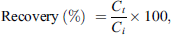 $$ \mathrm{Recovery}\enspace (\%)\mathrm{\enspace }=\frac{{C}_t}{{C}_i}\times 100, $$
