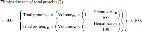 $$ \mathrm{Elimination}\enspace \mathrm{rate}\enspace \mathrm{of}\enspace \mathrm{total}\enspace \mathrm{protein}\enspace (\%)\enspace =\enspace 100-\enspace \left\{\frac{{\mathrm{Total}\enspace \mathrm{protein}}_{\mathrm{PB}}\times \left({\mathrm{Volume}}_{\mathrm{PB}}\times \left(1\enspace -\enspace \frac{{\mathrm{Hematocrit}}_{\mathrm{PB}}}{100}\right)\right)}{{\mathrm{Total}\enspace \mathrm{protein}}_{\mathrm{CB}}\times \left({\mathrm{Volume}}_{\mathrm{CB}}\times \left(1\enspace -\enspace \frac{{\mathrm{Hematocrit}}_{\mathrm{CB}}}{100}\right)\right)}\right\}\enspace \times 100. $$