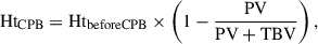 Mathematical equation: $$ \mathrm{H}{\mathrm{t}}_{\mathrm{CPB}}={\mathrm{Ht}}_{\mathrm{beforeCPB}}\times \left(1-\frac{\mathrm{PV}}{\mathrm{PV}+\mathrm{TBV}}\right), $$