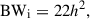 Mathematical equation: $$ {\mathrm{BW}}_{\mathrm{i}}=22{h}^2, $$